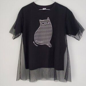 BOSSINI Women's Whimsigoth Black Mesh Overlay T Shirt Cute Chubby Cat Graphic  M